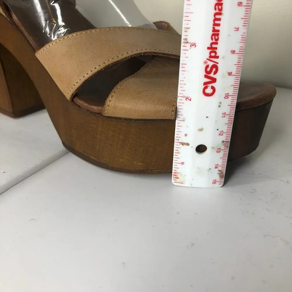 Anthropologie Musse & Cloud Sandal Platform Wood Heel Tan Leather Cross Strap 39